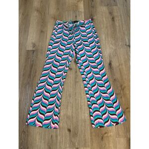 Zara Flare Pants Womens Medium Multicolor Psychedelic‎ Wavy Print Lace Up Retro